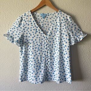CeCe Floral Blouse Women’s S Blue White Ruffle Lightweight Chiffon Corporate
